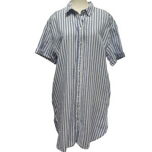 Gap Shirt Dress Women Medium Blue White Striped Linen Cotton Short Sleeve Pocket